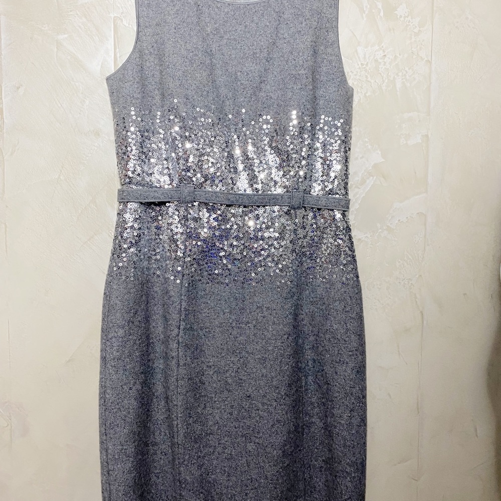 Grey Wool Sleeveless Dress with Sequin Accent at Waist